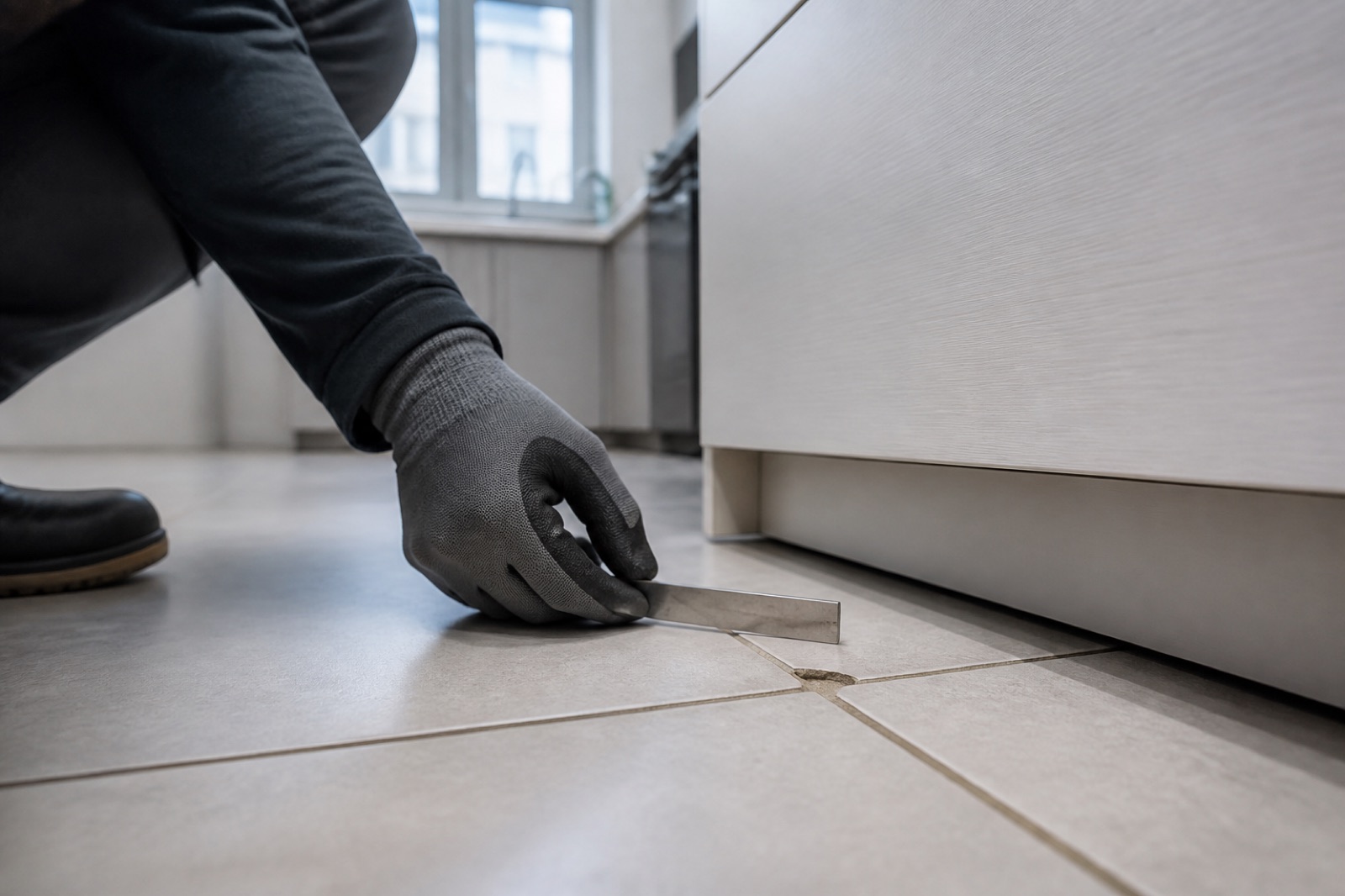 Inspector checking a chipped tile and uneven grout joint during snagging